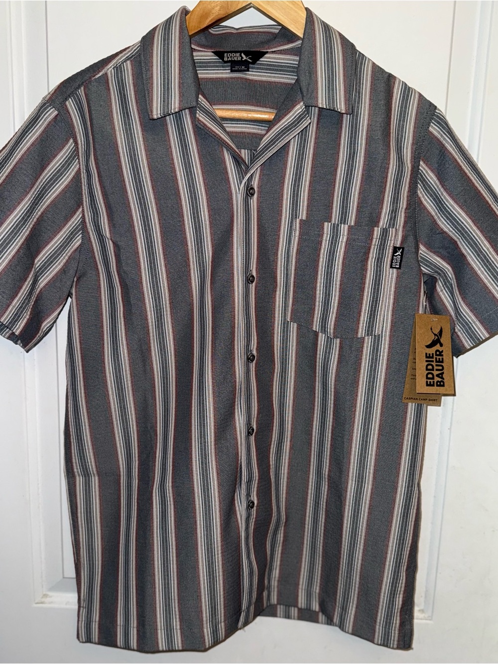 Eddie Bauer NWT Short-Sleeve Camp Shirt in "Turbulence Caspian Stripe"